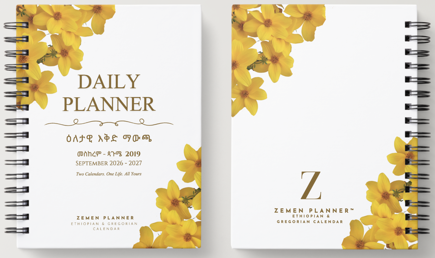 Two views of a spiral-bound daily planner calendar cover on a white background. The cover design features yellow flowers in the corners, with 'DAILY PLANNER' on the front and a large 'Z' logo on the back.