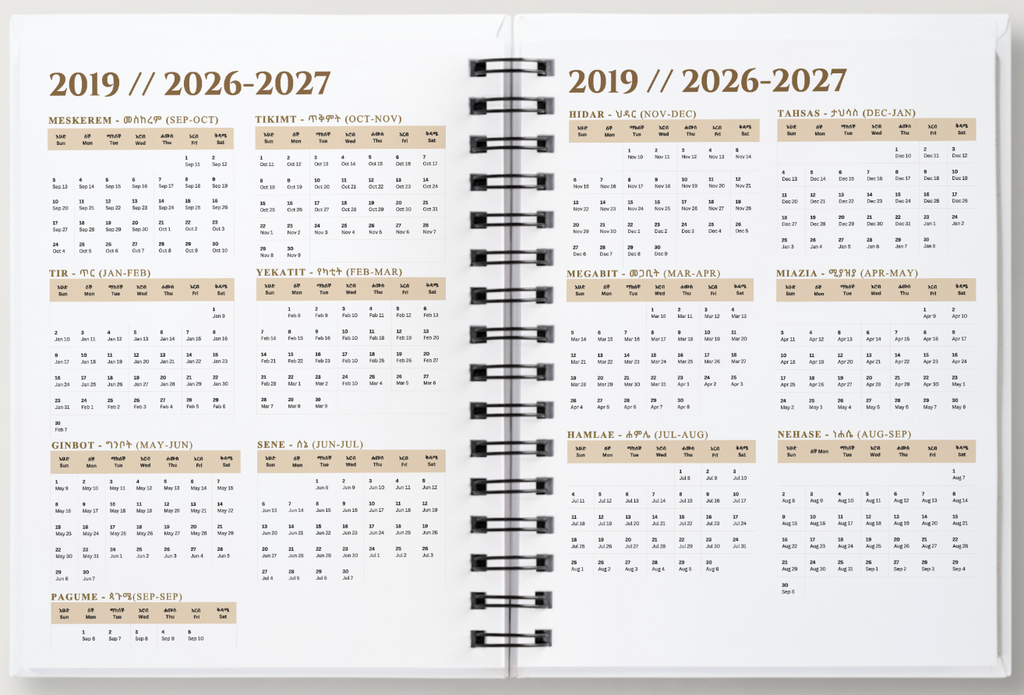 A spiral-bound planner or calendar spread showing two printed pages with monthly calendars for 2026 and 2027, laid out on a white background.