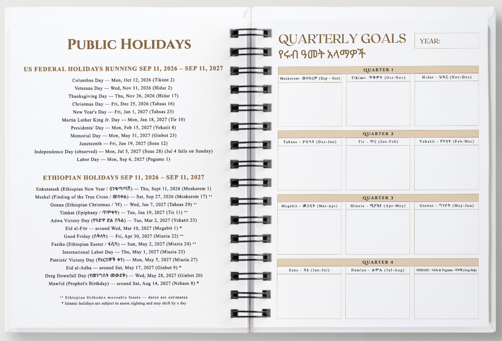 A spiral-bound planner or notebook page spread showing US Federal Holidays and Ethiopian Public Holidays with tables for quarterly goal tracking, photographed against a white background.