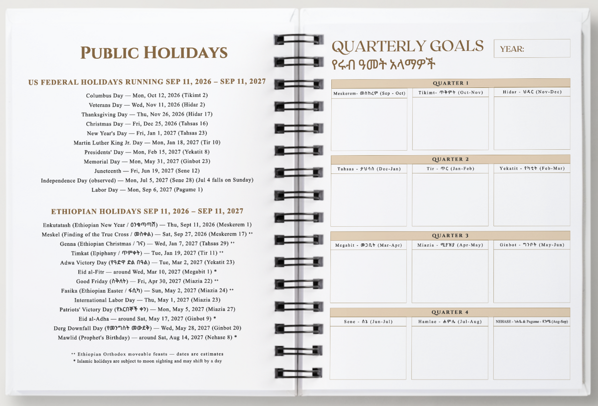 A spiral-bound planner or notebook page spread showing US Federal Holidays and Ethiopian Public Holidays with tables for quarterly goal tracking, photographed against a white background.