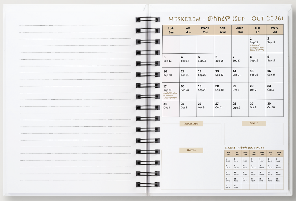 An open spiral-bound planner or journal spread showing a Hebrew calendar page for September and October 2026, with lined writing pages on the left and a monthly calendar layout on the right.