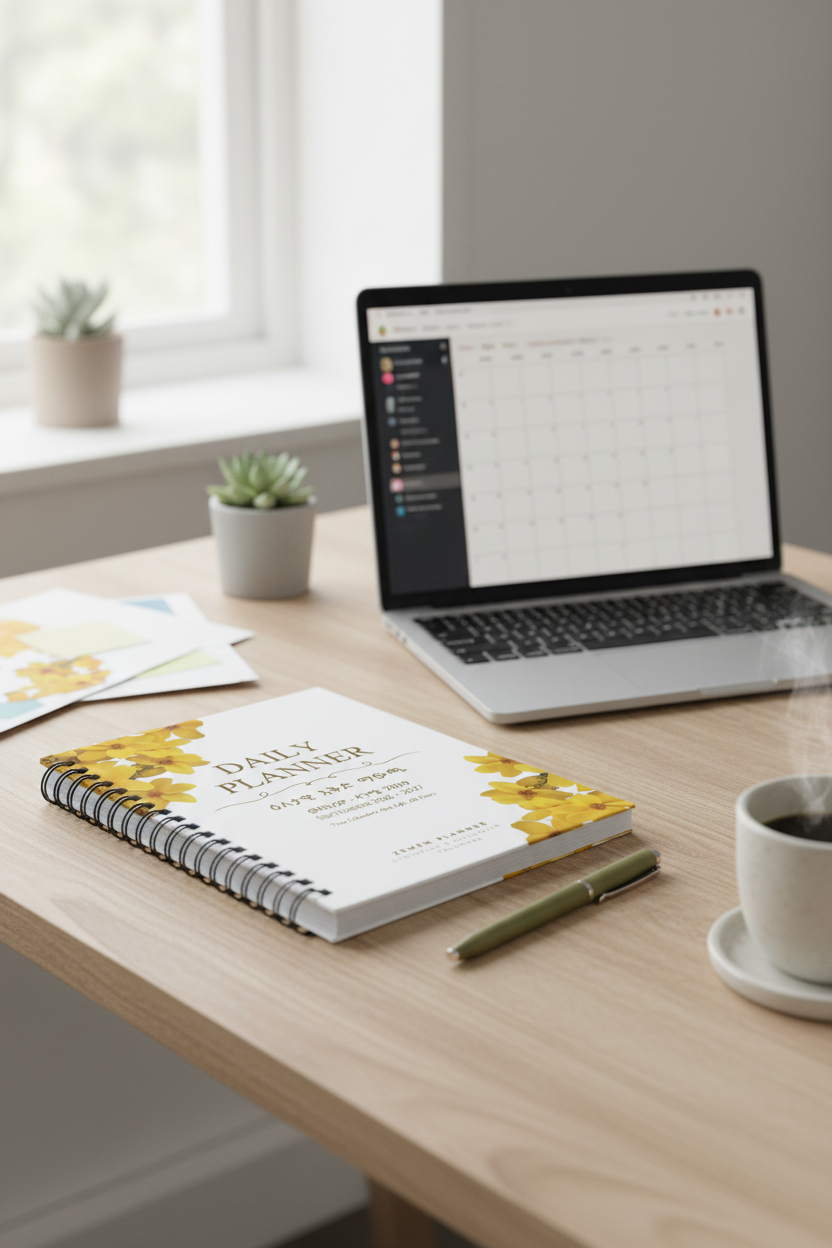 A spiral-bound daily planner cover shown front-on against a white background. The cover is white with yellow floral illustrations in the corners and gold text reading 'DAILY PLANNER,' plus smaller text in Amharic and 'ZEMEN PLANNER ETHIOPIAN & GREGORIAN CALENDAR.